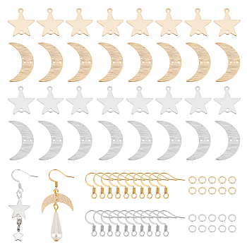 DIY Moon & Star Dangle Earring Making Kit, Including Brass Connector Charms & Earring Hooks & Jump Rings, Golden & Stainless Steel Color, 100Pcs/box