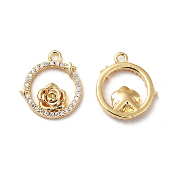 Brass Micro Pave Cubic Zirconia Charms, Real 18K Gold Plated, Ring with Rose Charm, Clear, 15x13.5x2.5mm, Hole: 1.5mm