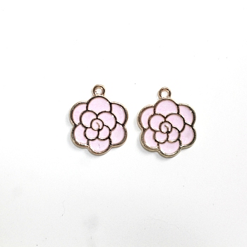 Alloy Enamel Pendants, Peony, Golden, Pink, 18x20.5mm