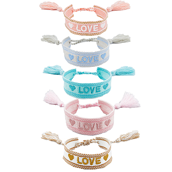 5Pcs 5 Colors Adjustable Nylon Braided Cord Bracelets Set, Tassel Charms Word Love Bracelets for Women, Mixed Color, 1-3/4~2-1/2 inch(4.5~6.2cm), 1Pc/color
