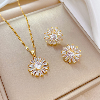 Brass Micro Pave Cubic Zirconia Pendant Necklace & Stud Earrings, Stainless Steel Chain Necklace, Golden, Flower, 400mm