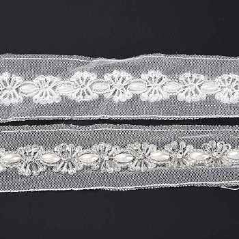 Lace Organza Trimming, with Plastic Imitation Pearls and Glass Rhinestone, for DIY Dress, Costume, Table Cloth, Crafts Curtain, Home Vintage Decor, White, 45x0.2~6mm, 1.6m/pc