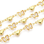 Brass Glass Link Chains, Butterfly with Heart, Soldered, with Spool, Golden, Clear, 12x6x2mm, about 32.81 Feet(10m)/Roll(CHC-T018-15C-G)