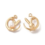 Rack Plating Alloy Pendants, Nickel Free, with ABS Plastic Imitation Pearl, Moon and Rabbit Pattern, Golden, 19x15x5.5mm, Hole: 1.6mm(PALLOY-O106-11G)