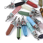 Natural & Synthetic Mixed Gemstone Pointed Pendants, with Tibetan Style Alloy Pendant Bails and Enamel, Bullet, 47.5~50.5x11x10.5mm, Hole: 4.5mm(G-T128-03)