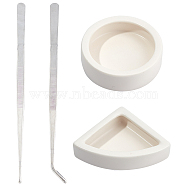 Porcelain Reptile Bowl, with Stainless Steel Tweezers, Flat Round with Triangle, White, 4pcs/set(PORC-BK0001-02)