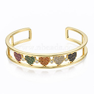 Brass Micro Pave Cubic Zirconia Cuff Bangles, Nickel Free, Heart, Colorful, Real 16K Gold Plated, Inner Diameter: 2-1/4x1-7/8 inch(5.85x4.8cm), 11.5mm(BJEW-T018-13G-NF)