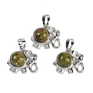 Natural Unakite Pendants, Rack Plating Brass Rhinestone Elephant Charms, Platinum, Cadmium Free & Lead Free, 17.5x20.5x8mm, Hole: 5x8mm(G-I374-A-P16)