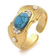 Oval Synthetic Turquoise Finger Rings, 304 Stainless Steel Wide Open Cuff Ring for Unisex, with ABS Plastic Imitation Pearl, Golden, Adjustable, 9.5mm(RJEW-U015-02G)