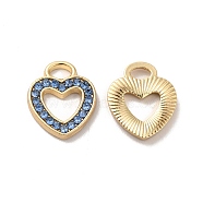 Rhinestone Pandants, with Rack Plating Golden Alloy Findings, Nickel Free, Hollow Out Heart Charms, Sapphire, 13x11x1.5mm, Hole: 2x3.5mm(ALRI-O024-04G-03)