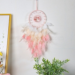 Iron & Natural Rose Quartz Woven Web/Net with Feather Pendant Decorations, with Imitation Pearl Beads, Flat Round with Tree Wall Hanging, 150mm(PW-WG59818-02)