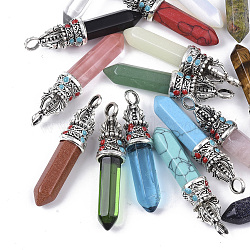 Natural & Synthetic Mixed Gemstone Pointed Pendants, with Tibetan Style Alloy Pendant Bails and Enamel, Bullet, 47.5~50.5x11x10.5mm, Hole: 4.5mm(G-T128-03)