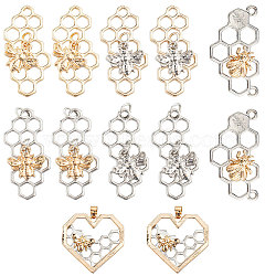 SUNNYCLUE Alloy Filigree Joiners Links & Pendants, Honeycomb with Bees, for Jewelry Making, Platinum & Golden, 12pcs/set(PALLOY-SC0002-29)