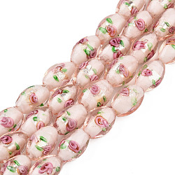 Handmade Silver Foil Glass Lampwork Beads, Oval with Flower, Pink, 16~17x9~11mm, Hole: 1.5~2mm(LAMP-Q030-02O)