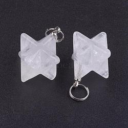 Natural Quartz Crystal Pendants, Rock Crystal Pendants, with 201 Stainless Steel Split Rings, Stainless Steel Color, Merkaba Star, 22~23x16.5~17x19mm, Hole: 6mm(G-E398-02J)