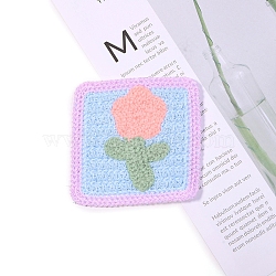 Flower Shape Towel Embroidery Style Cotton Iron on/Sew on Patches, Appliques, Badges, with Gold Rim, for Clothes, Square, Light Salmon, 75x75mm(PW-WG435E5-03)