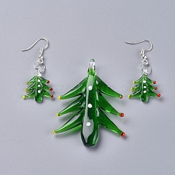 Christmas Handmade Lampwork Jewelry Sets, Dangle Earrings and Pendants, with Brass Earring Hooks and Jump Rings, Christmas Tree, Green, Earring: 46mm, Pin:0.6mm, Pendant: 54~58x40~46x11.5mm, Hole: 5mm(SJEW-G076-01P)