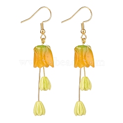 Plastic 3D Flower Long Dangle Earrings, Gold Plated 304 Stainless Steel Jewelry for Women, Yellow, 62mm, Pin: 0.8mm(EJEW-JE04936-02)