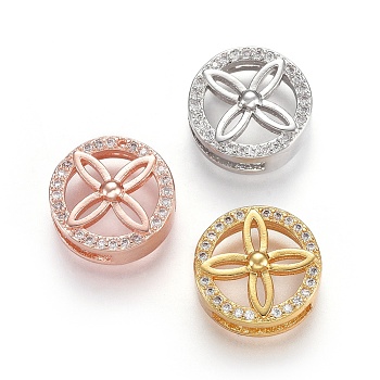 Brass Micro Pave Cubic Zirconia Slide Charms, Lead Free & Cadmium Free, Flat Round with Flower, Clear, Mixed Color, 14.5x6mm, Hole: 2x11mm