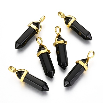 Natural Black Obsidian Bullet Double Terminated Pointed Pendants, with Golden Tone Random Alloy Pendant Hexagon Bead Cap Bails, 37~40x12.5x10mm, Hole: 3x4.5mm