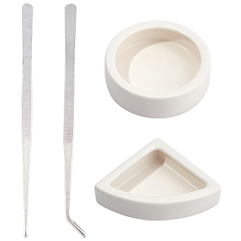 Porcelain Reptile Bowl, with Stainless Steel Tweezers, Flat Round with Triangle, White, 4pcs/set