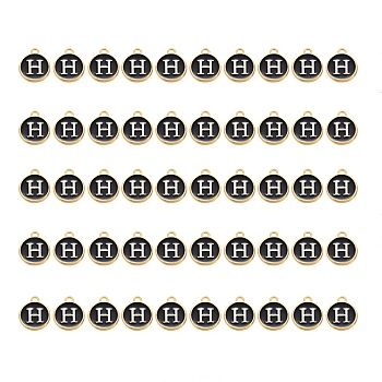 Golden Plated Alloy Charms, with Enamel, Enamelled Sequins, Flat Round, Black, Letter.H, 14x12x2mm, Hole: 1.5mm, 50pcs/Box