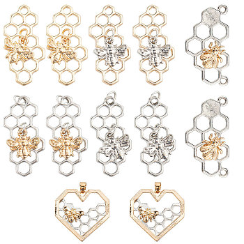 SUNNYCLUE Alloy Filigree Joiners Links & Pendants, Honeycomb with Bees, for Jewelry Making, Platinum & Golden, 12pcs/set