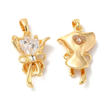 Brass Cubic Zirconia Pendants, Bouquet, Real 18K Gold Plated, 21.5x13.5x5mm, Hole: 2.5x4.5mm