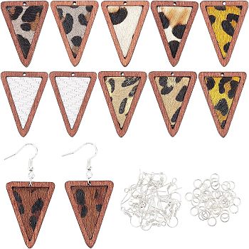 Olycraft 12Pcs 6 Style Eco-Friendly Cowhide Leather Pendants, with Dyed Wood, Triangle with Leopard Print, with Iron Open Jump Rings & Earring Hooks, Mixed Color, 6~35x6~27x4mm, Hole: 1.2~2mm, 2pcs/style