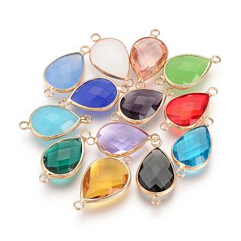 Glass Links connectors, with Brass Findings, Faceted, teardrop, Nickel Free, Raw(Unplated), Mixed Color, 21.5x10.5x4.5mm, Hole: 2mm