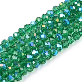 Electroplate Glass Beads Strands, Half Rainbow Plated, Faceted, Rondelle, Green, 3.5~3.8x3mm, Hole: 0.4mm, about 113~115pcs/strand, 32.5~33cm