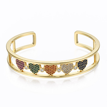 Brass Micro Pave Cubic Zirconia Cuff Bangles, Nickel Free, Heart, Colorful, Real 16K Gold Plated, Inner Diameter: 2-1/4x1-7/8 inch(5.85x4.8cm), 11.5mm