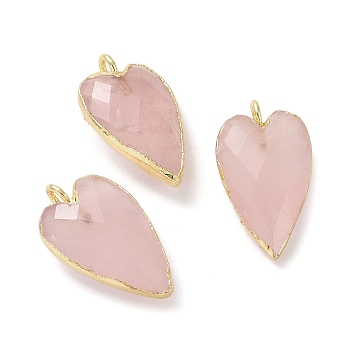 Natural Rose Quartz Pendants, Faceted Heart Charms, with Golden Plated Brass Edge Loops, 22.5x13x7.5mm, Hole: 3mm