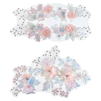 2Pair 2 Style Polyester Embroidery Costume Accessories, Sewing Craft Decoration, with ABS Imitation Pearl & 3D Organza Flower, Pink, 155~200x295~305x5mm, 1pair
/style