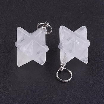 Natural Quartz Crystal Pendants, Rock Crystal Pendants, with 201 Stainless Steel Split Rings, Stainless Steel Color, Merkaba Star, 22~23x16.5~17x19mm, Hole: 6mm