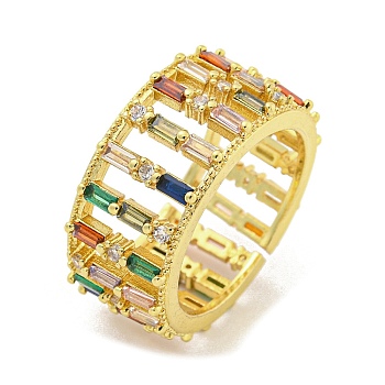 Brass Micro Pave Cubic Zirconia Cuff Rings, Adjustable Rings with Glass, Real 18K Gold Plated, Adjustable