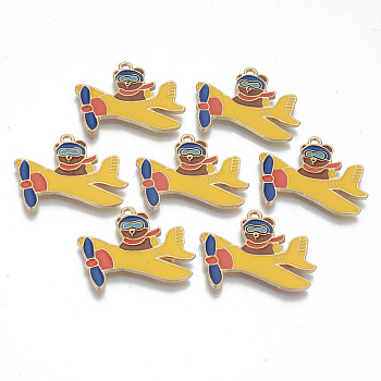 Light Gold Plated Alloy Enamel Pendants, Cadmium Free & Lead Free, Gold Glider with Bear, 25.5x28.5x1.5mm, Hole: 1.8mm
