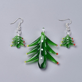 Christmas Handmade Lampwork Jewelry Sets, Dangle Earrings and Pendants, with Brass Earring Hooks and Jump Rings, Christmas Tree, Green, Earring: 46mm, Pin:0.6mm, Pendant: 54~58x40~46x11.5mm, Hole: 5mm