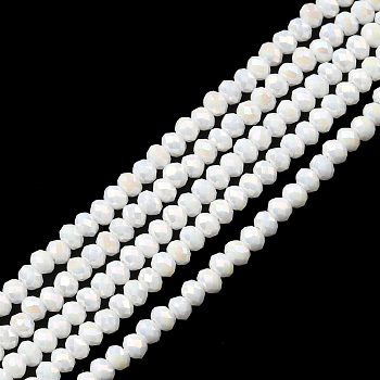 Electroplate Opaque Glass Beads Strands, Faceted, Rondelle, AB Color Plated, White, 2~2.3x1.7~1.9mm, Hole: 0.3mm, about 208~214pcs/strand, 14.06~14.33''(35.7~36.4cm)