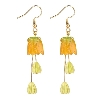 Plastic 3D Flower Long Dangle Earrings, Gold Plated 304 Stainless Steel Jewelry for Women, Yellow, 62mm, Pin: 0.8mm