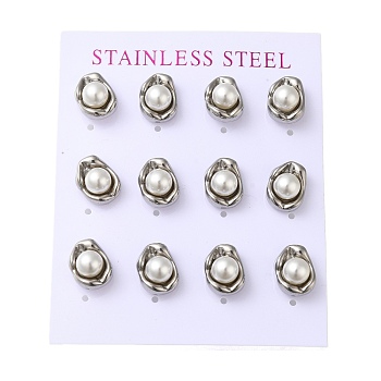304 Stainless Steel Stud Earring, with Plastic Imitation Pearl, Oval, Stainless Steel Color, 11.8x9.8mm, 12pcs/set