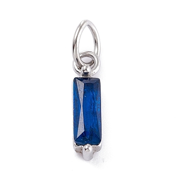 304 Stainless Steel Cubic Zirconia Pendants, Rectangle, Stainless Steel Color, Marine Blue, 17x4x4mm, Hole: 5mm