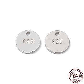 Rhodium Plated 925 Sterling Silver Charms, Flat Round Charm, with 925 Stamp, Real Platinum Plated, 6x0.8mm, Hole: 0.9mm