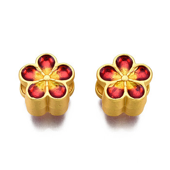 Rack Plating Eco-Friendly Alloy Enamel European Beads, Large Hole Beads, Cadmium Free & Lead Free, Matte Gold Color, Flower, Red, 10x10.5x7mm, Hole: 4mm