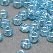 12/0 Grade A Round Glass Seed Beads, Square Hole, Silver Lined, AB Color Plated, Light Sky Blue, 2x1mm, Hole: 0.3x0.3mm(SEED-Q012-F517)