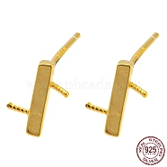 925 Sterling Silver Rectangle Stud Earring Findings, for Half Drilled Beads, with S925 Stamp, Real 18K Gold Plated, 8.5x7mm, Pin: 10X0.7mm and 0.7mm(STER-Q192-04G)