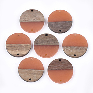 Resin & Walnut Wood Links connectors, Flat Round, Coral, 28.5x3.5~4mm, Hole: 1.8mm(RESI-S367-02B-13)