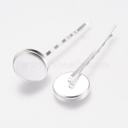 Brass Hair Bobby Pin Findings, Flat Round, Silver Color Plated, Tray: 20mm, 64mm(KK-G329-01S)