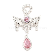 Silver 925 Sterling Silver Pendants, with Rhinestone, Angel Charms, Light Padparadscha, 21x15.5x2mm, Hole: 2.8mm(STER-A031-01B)