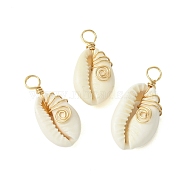 Natural Cowrie Shell Pendants, Shell Shaped Charms with Copper Wire Wrapped, Golden, 26.5~30x13~14.5x7mm, Hole: 4mm(PALLOY-JF02796-01)